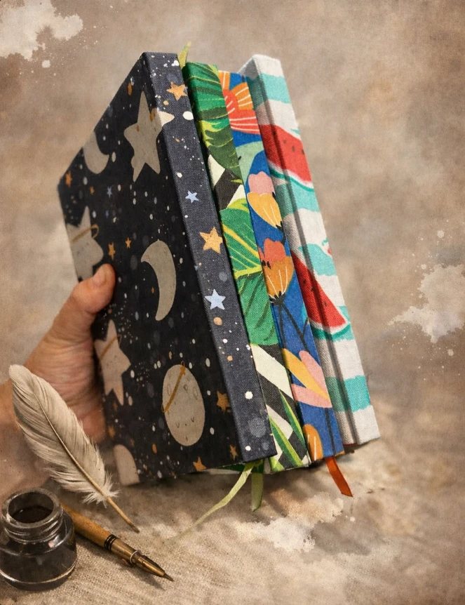 Cuatro cuadernos forrados en tela: estrellas y lunas, hojas, flores y sandías.