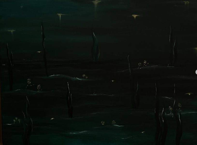 Pintura nocturna en verdes oscuros.