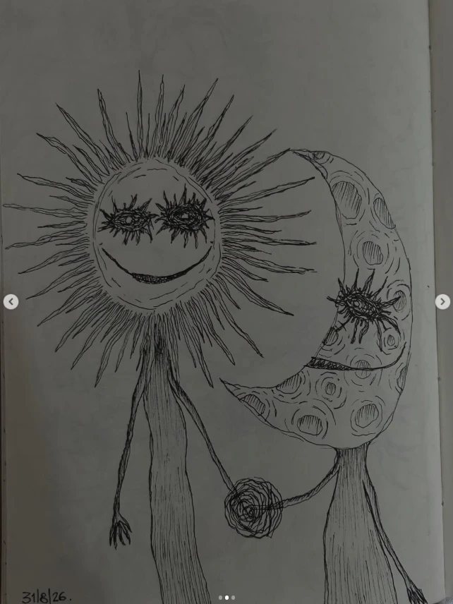 Dibujo en tinta de un sol y una luna tomados de la mano.